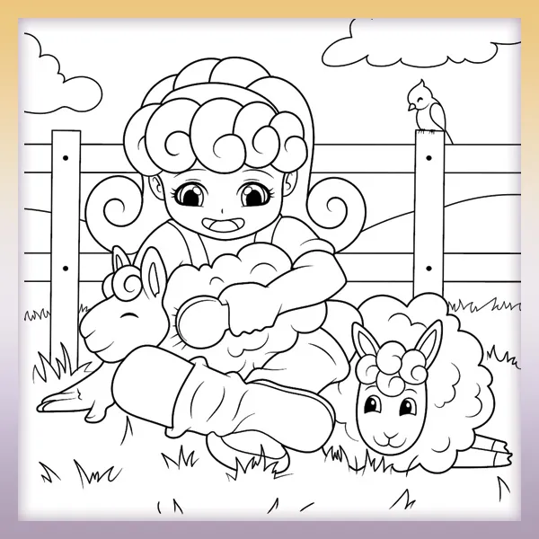 Niña cepillando ovejas | Dibujos para colorear